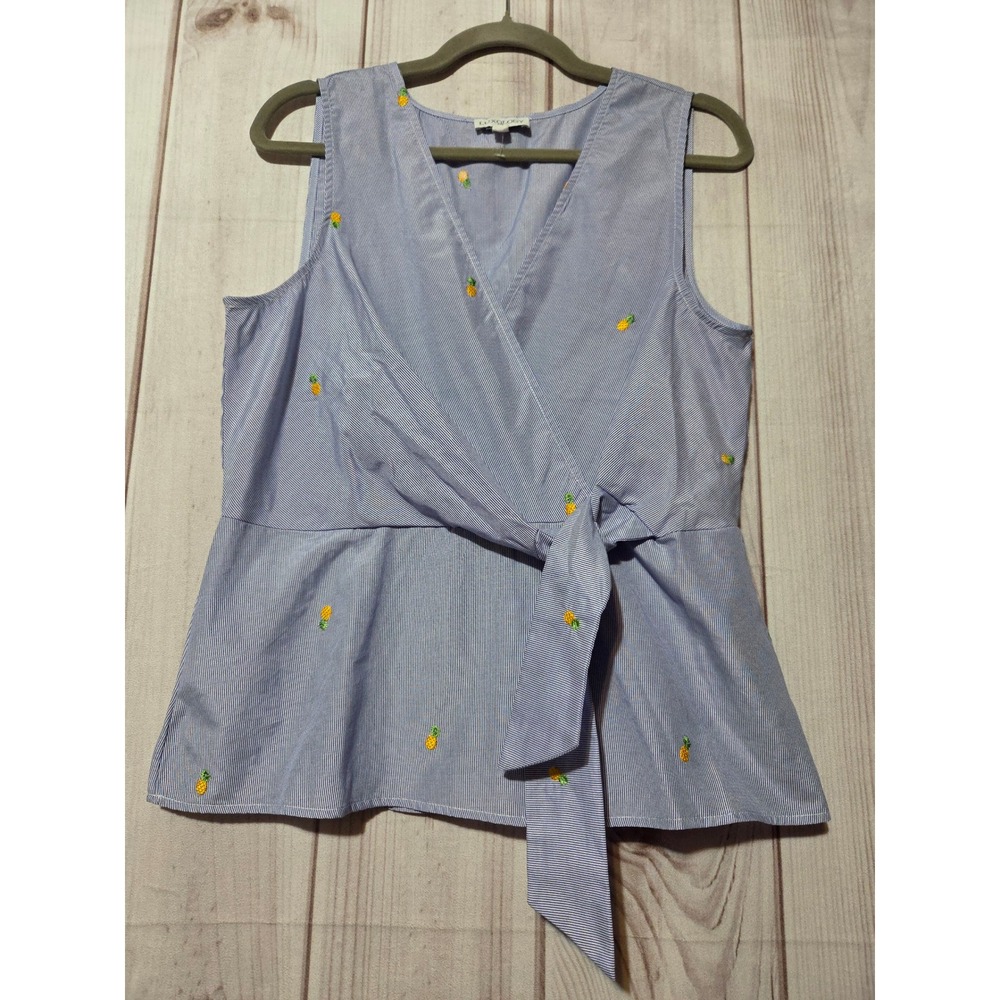 Luxology Womens Blue White‎ Pinstripe Pineapple Embroidered Tie Wrap Top M